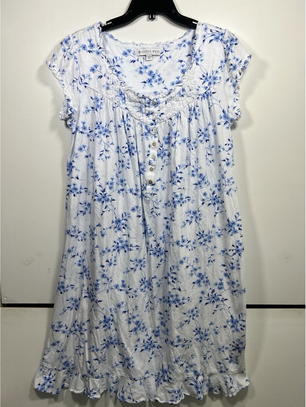 Eileen West Women’s M Cotton Nightgown Blue White Floral Embroidered Ruffle Gown